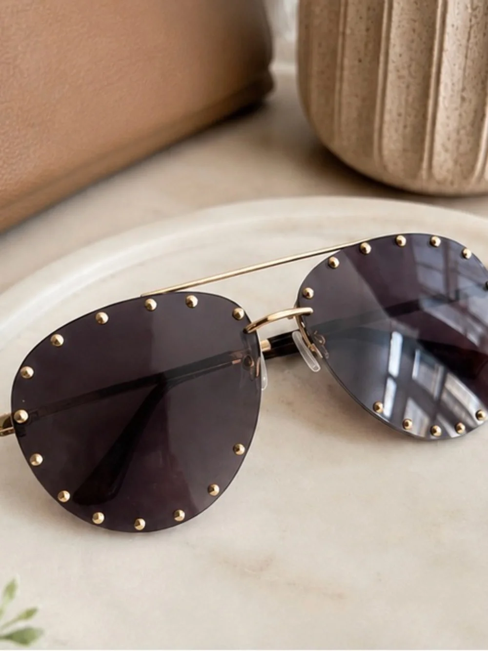 Studded Aviator Sunglasses - Smoke with Gold Hardware